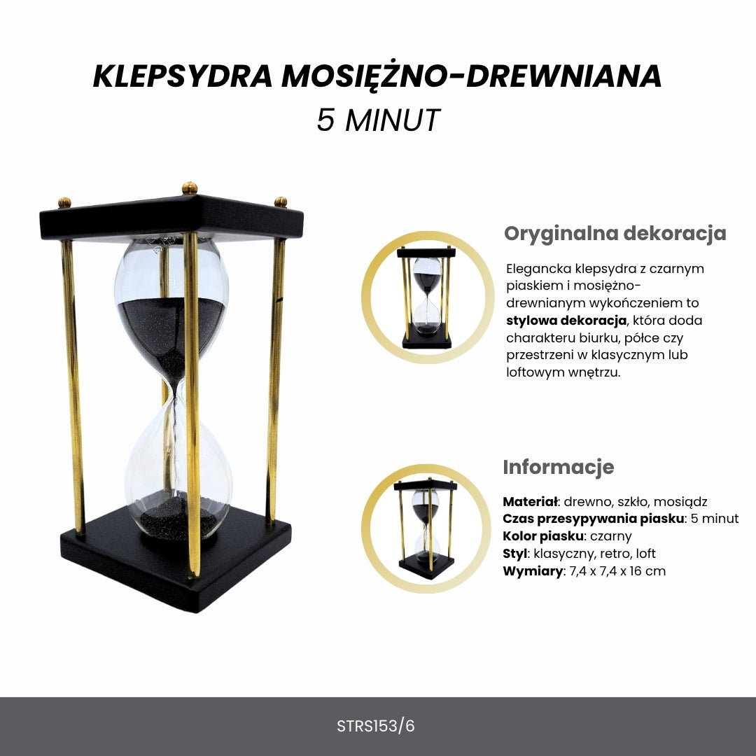 Clepsidră din alamă și lemn, 5 minute, cu nisip negru, cu posibilitate de personalizare prin gravură – decorațiune retro elegantă pentru cadou, cu înălțimea de 16 cm