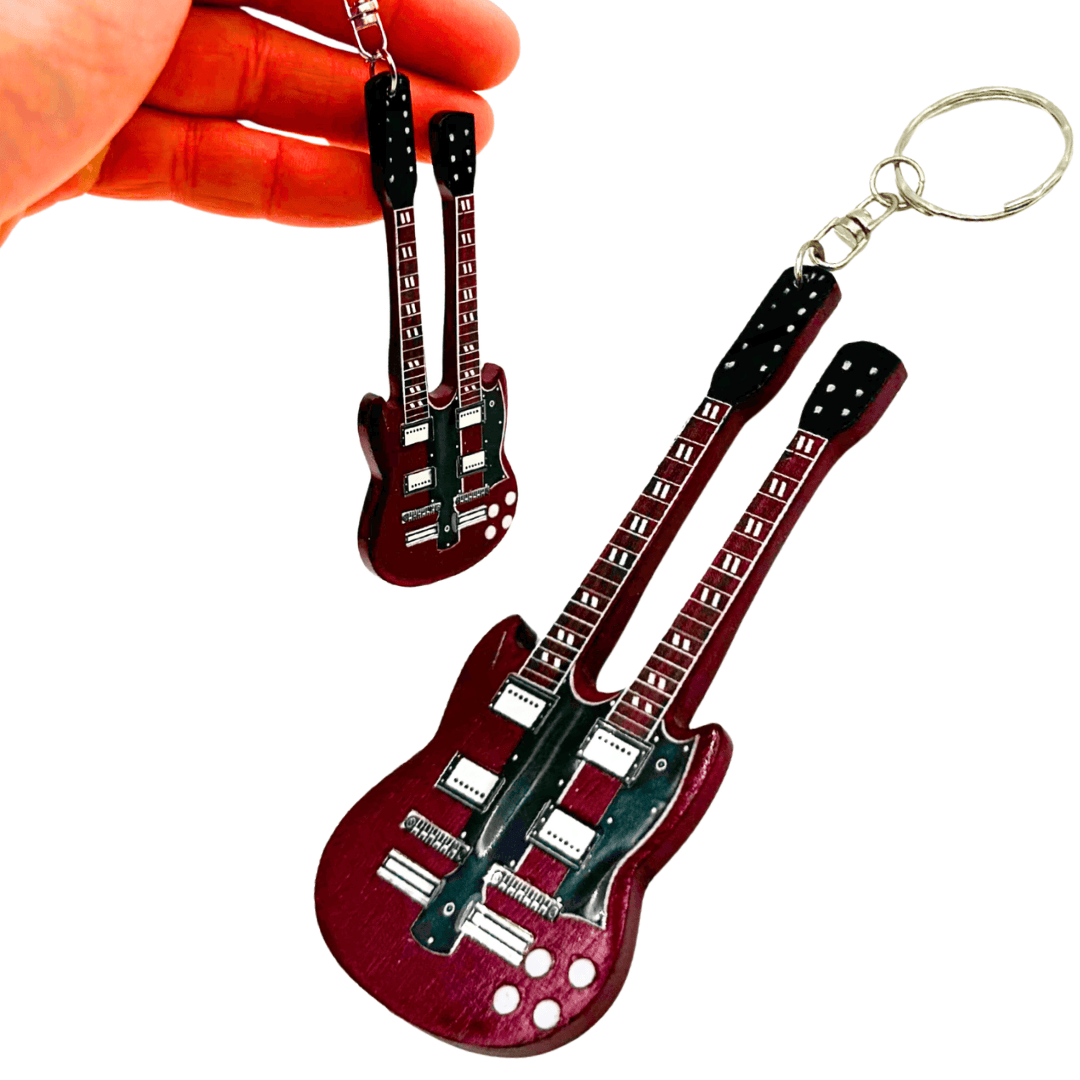 Breloc chitară Led Zeppelin - Jimmy Page - Gravură personalizată - Mahon roșu - Cadou ideal pentru chitarist și fan rock - Dimensiuni 6 x 11 x 0,5 cm