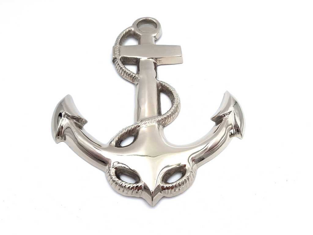 Ancoră de perete 34 cm, cu posibilitate de personalizare prin gravură, decorațiune metalică argintie în stil nautic
