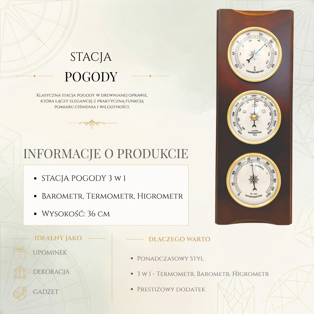 Stație meteo retro elegantă 36cm cu gravură – barometru, termometru, higrometru în carcasă din lemn