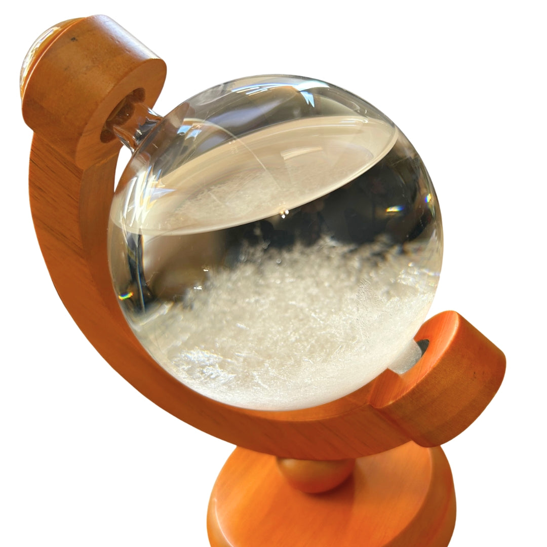 Barometru de furtună FitzRoy glob cu posibilitate de gravare - decorațiune elegantă pentru birou din sticlă și lemn, înălțime 18,5 cm