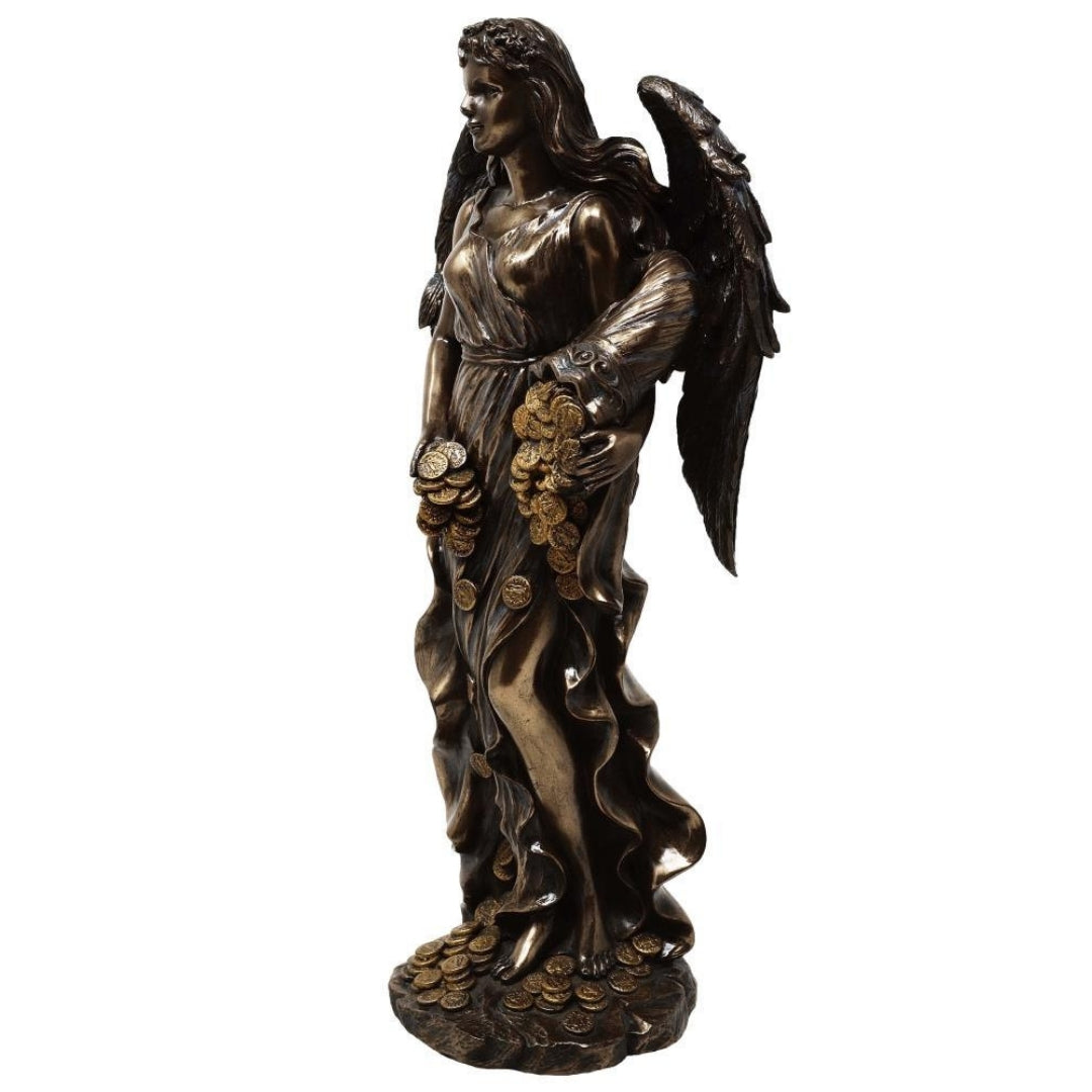 Figurină Fortuna, zeița norocului și bogăției, 29cm, cu cornul abundenței - gravură personalizată pentru cadou, decorațiune elegantă din conglomerat de rășini în nuanțe de maro și cupru