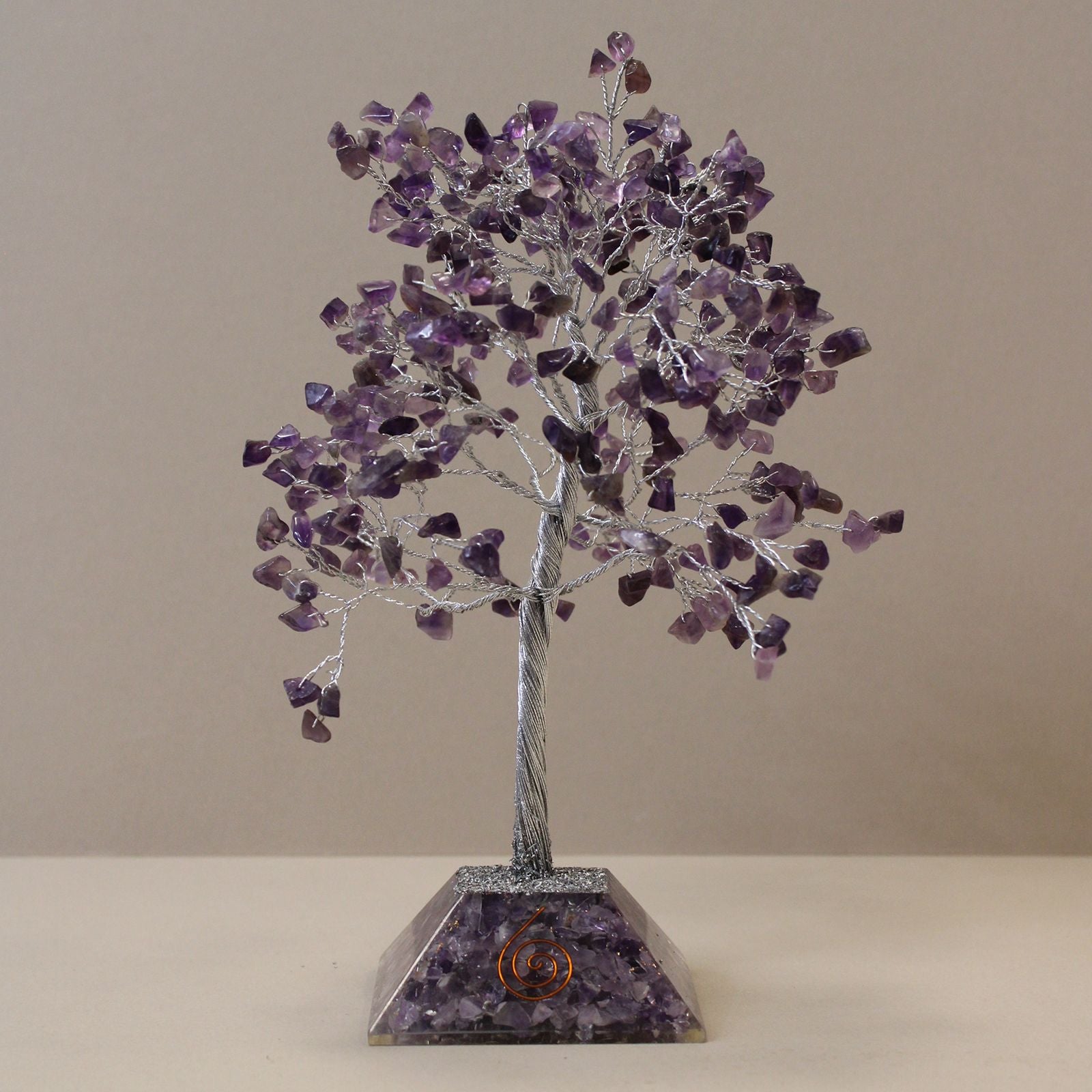 Drzewo Szczęścia z Kryształami Ametystu - 320 Kamieni, Fioletowe Liście, Orgonitowa Podstawa
