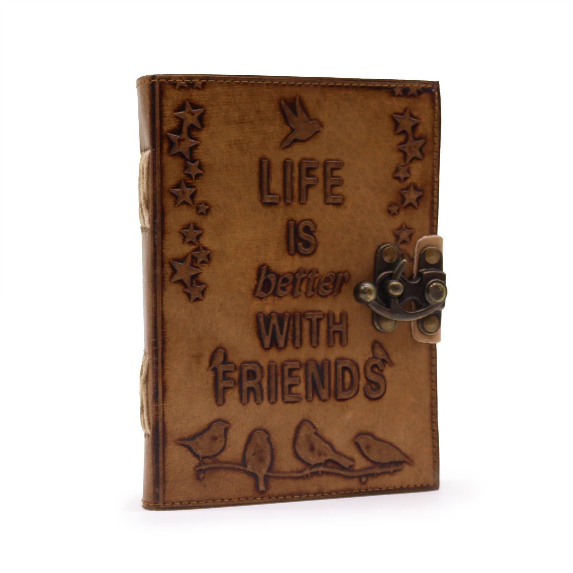 Caietul prieteniei - Jurnal din piele cu motiv de păsări - Cafeniu deschis - 7x5" - Ideal ca dar pentru cei dragi, cu mesaj embosat „Life is Better with Friends” - 100 de pagini goale, închidere vintage, dimensiune compactă
