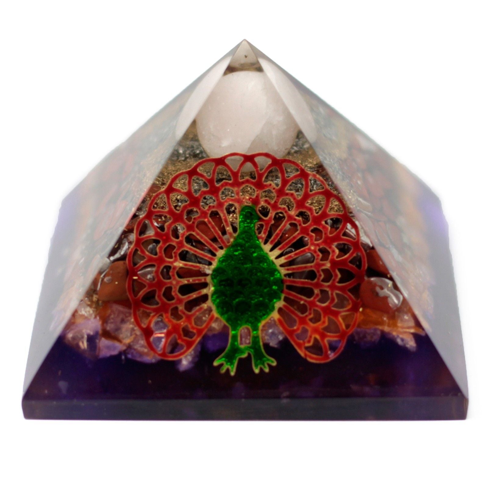 Piramidă din Orgonit 70mm - Păun în Design Multicolor cu Pietre Prețioase și Cupru