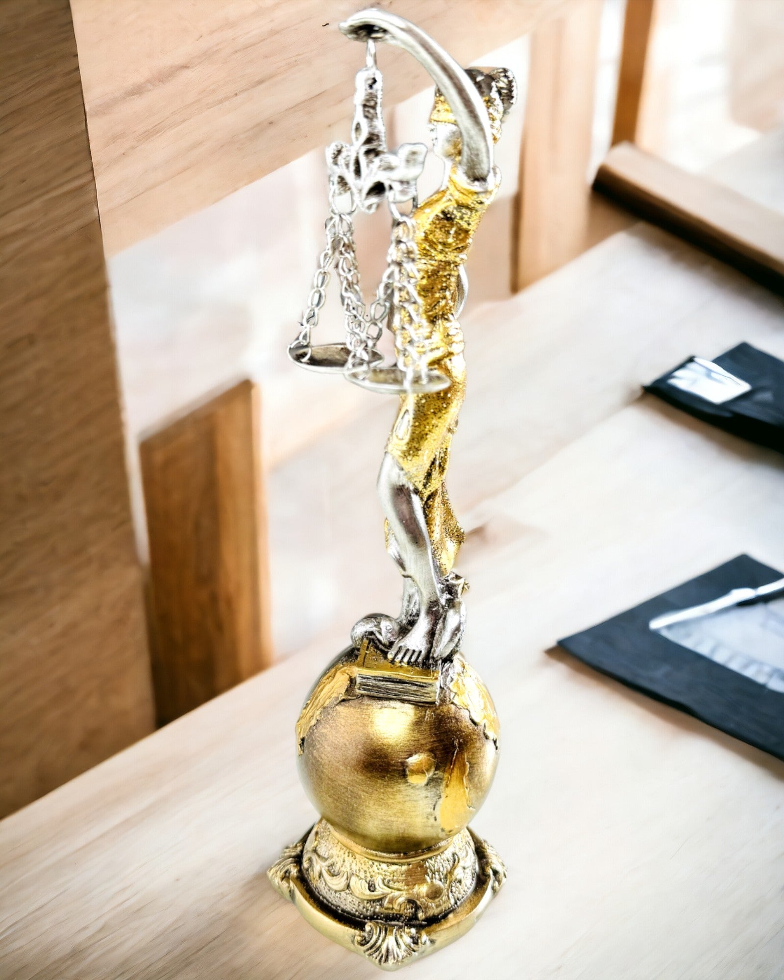 Statueta Zeița Justiției – Decorațiune Artistică pentru Raft, Meșteșug din Rășină, personalizare cu gravură