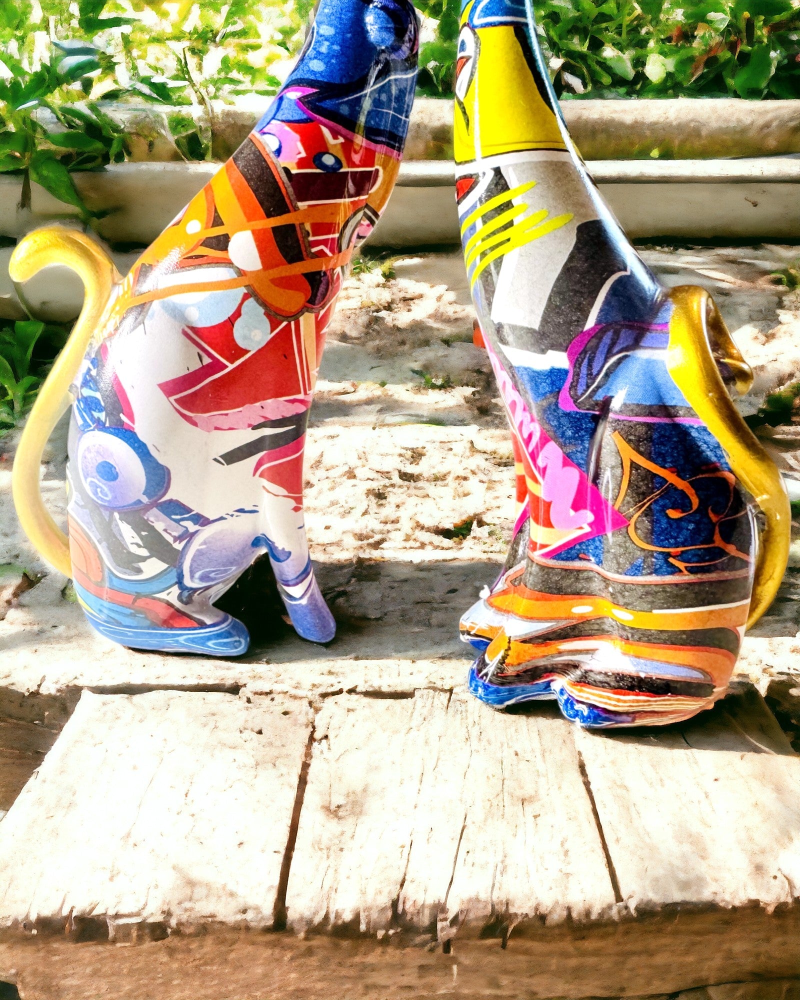 Figurine Pisici Abstracte „ArtCats”, Pictate Manual, Rășină – 25 cm, 2 buc.