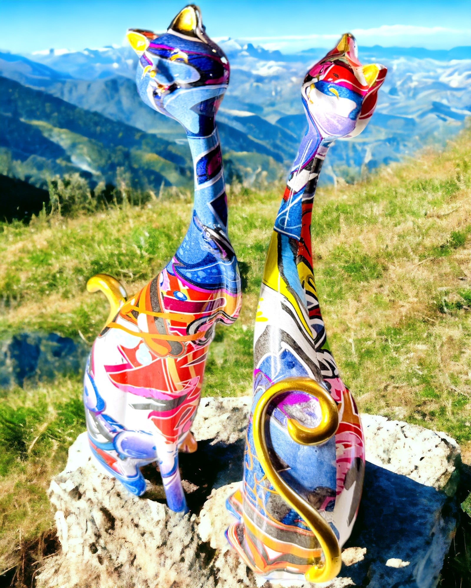Figurine Pisici Abstracte „ArtCats”, Pictate Manual, Rășină – 25 cm, 2 buc.