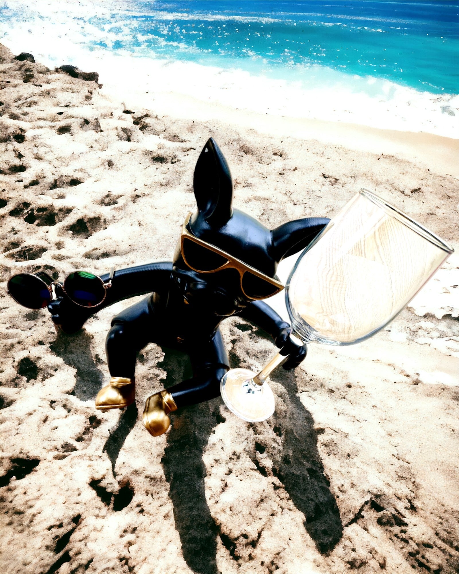 Figurină Exclusivă „Bulldog Elegant”, culoare neagră, suport pentru pahar de vin sau șampanie, personalizare cu gravură