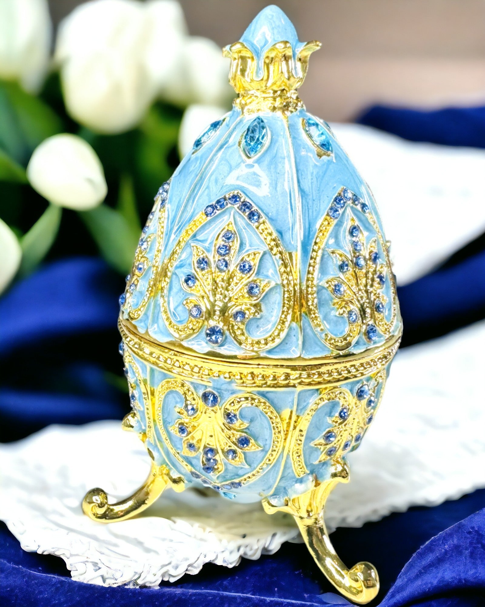 Ou Faberge Ceresc – Organizator de Bijuterii Emailat - culoare albastru cer senin. Personalizare cu gravură
