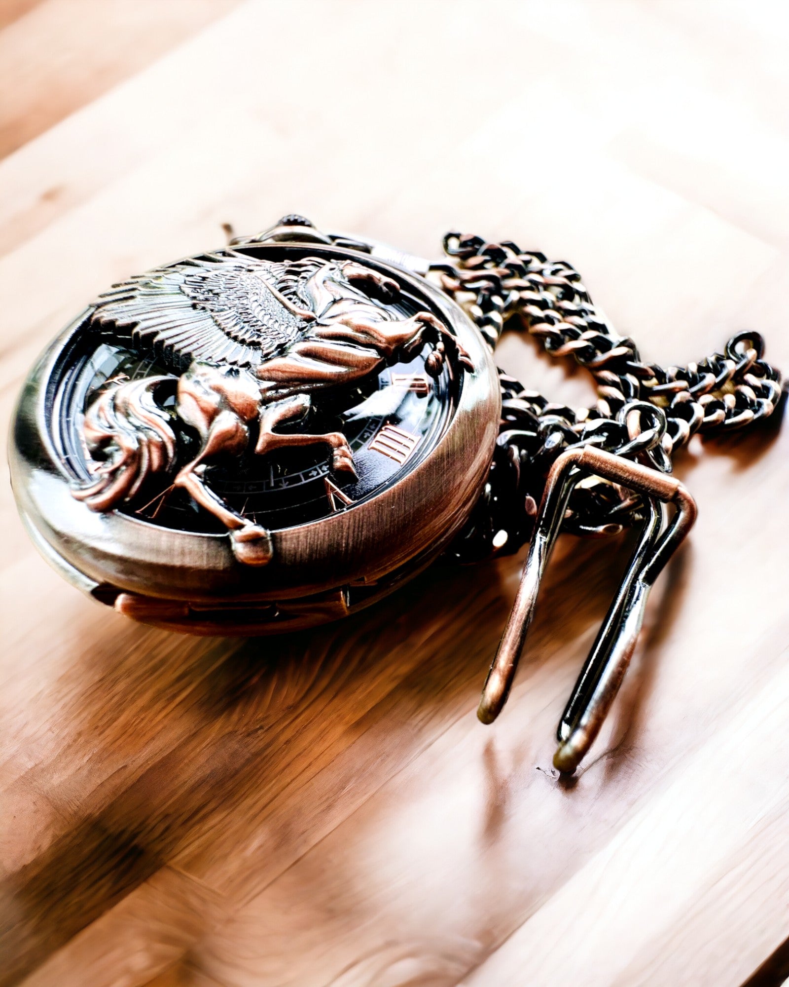 Ceas de buzunar "Equus Tempus" - Culoare: Maro, Aur Roz cu Motiv de Cal, posibilitate de personalizare cu gravură