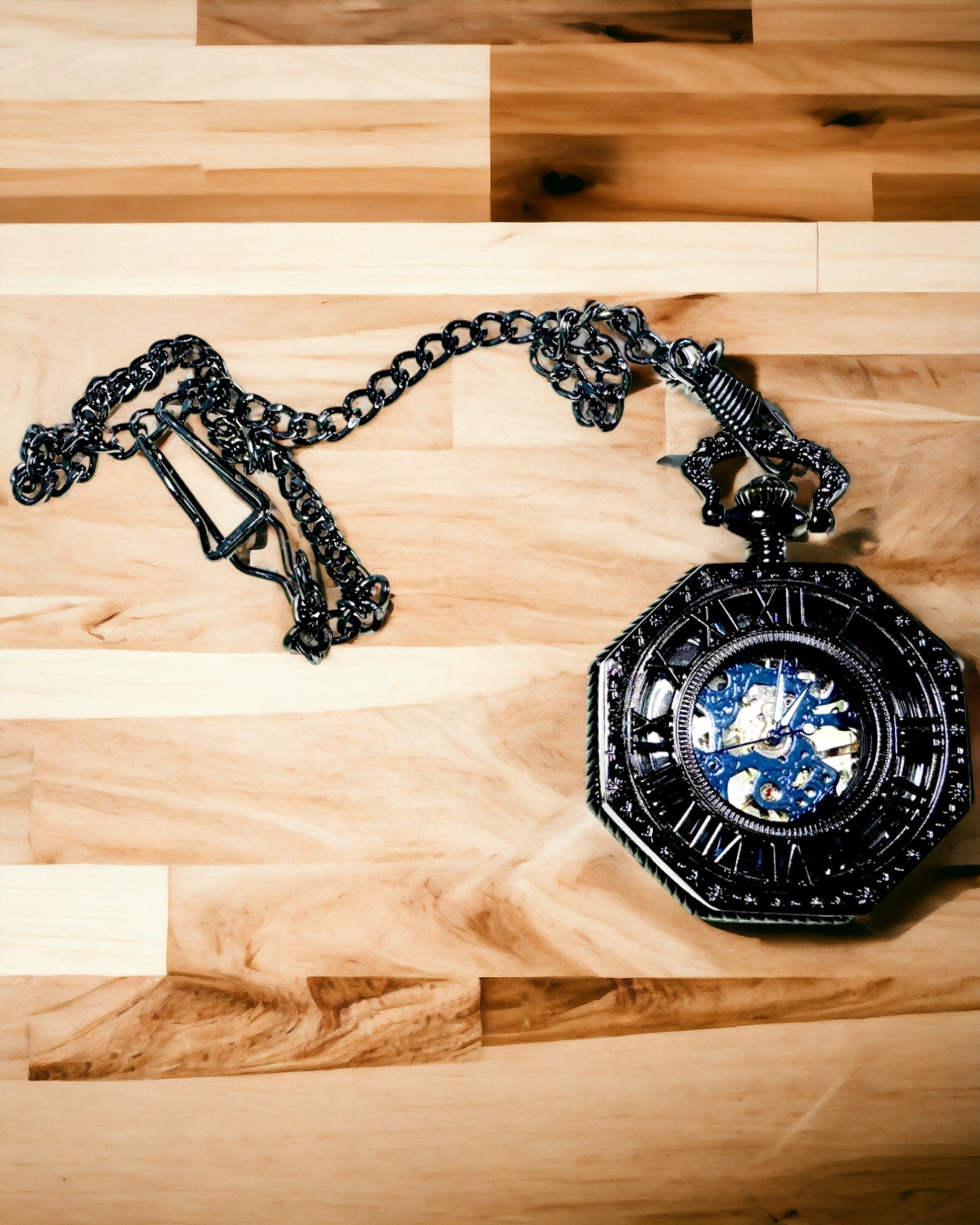 Ceas de Buzunar Mecanic Clasic Octogonal Steampunk de Culoare Neagră, Gravură