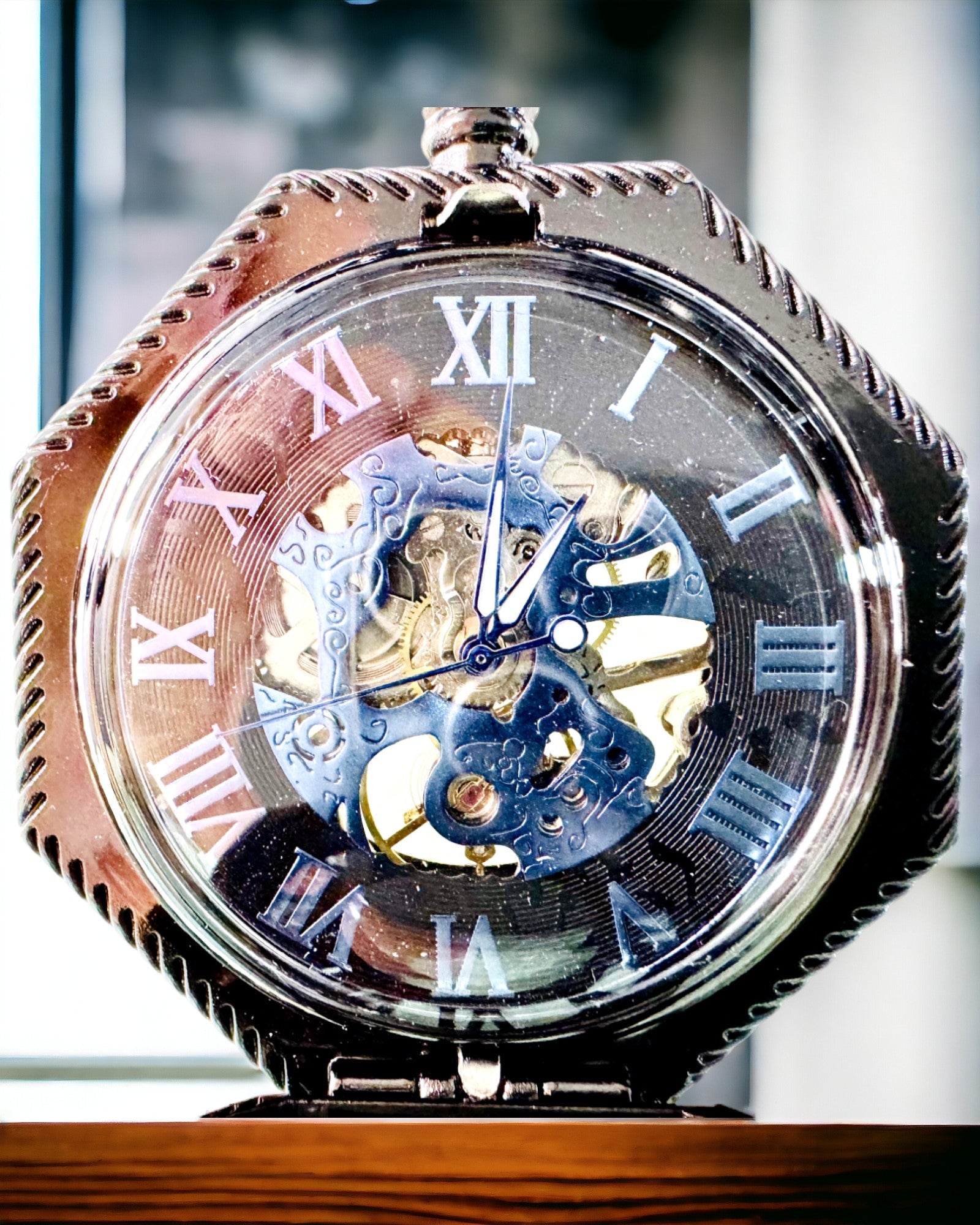 Ceas de Buzunar Mecanic Clasic Octogonal Steampunk de Culoare Neagră, Gravură