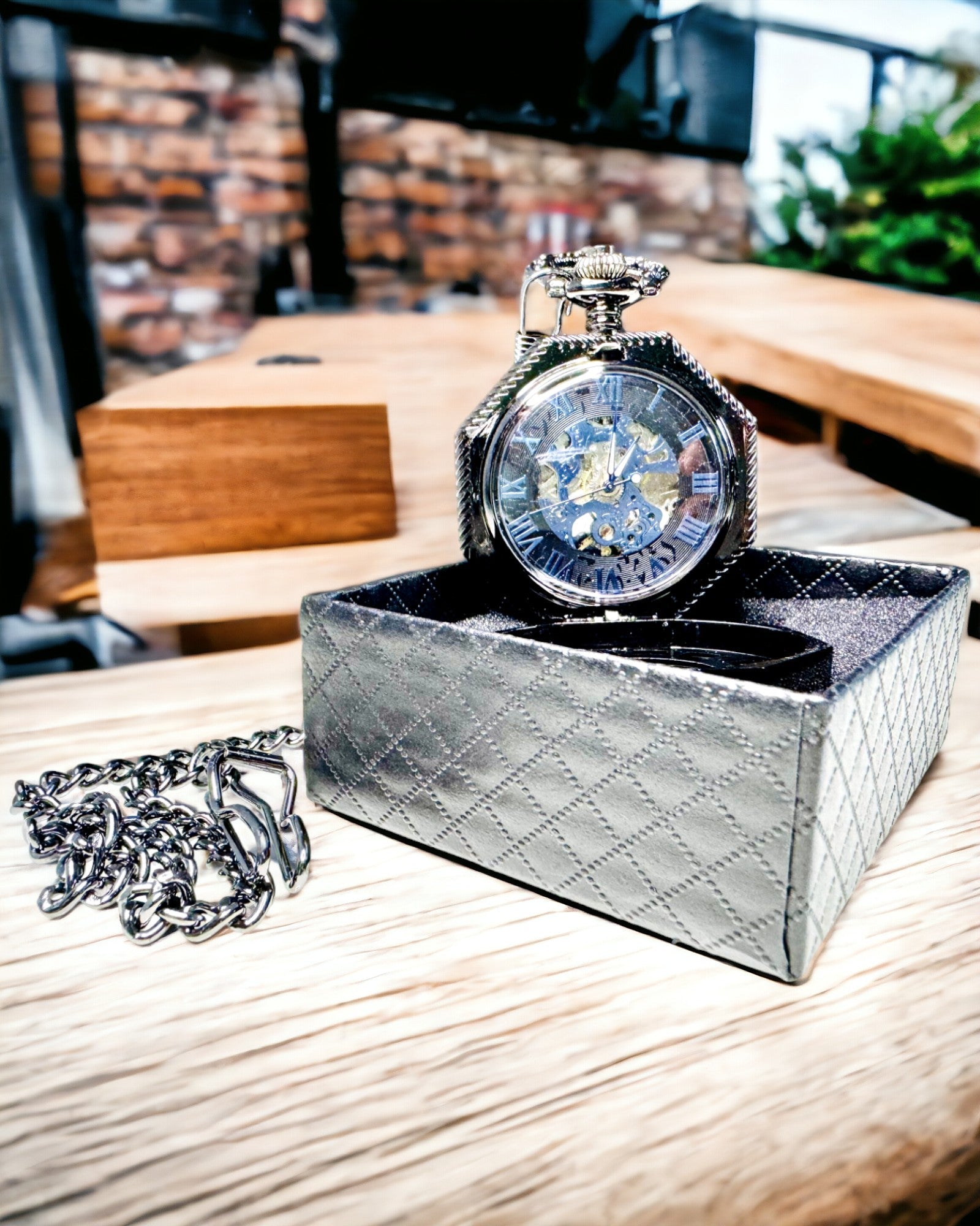 Ceas de Buzunar Mecanic Clasic Octogonal Steampunk de Culoare Neagră, Gravură