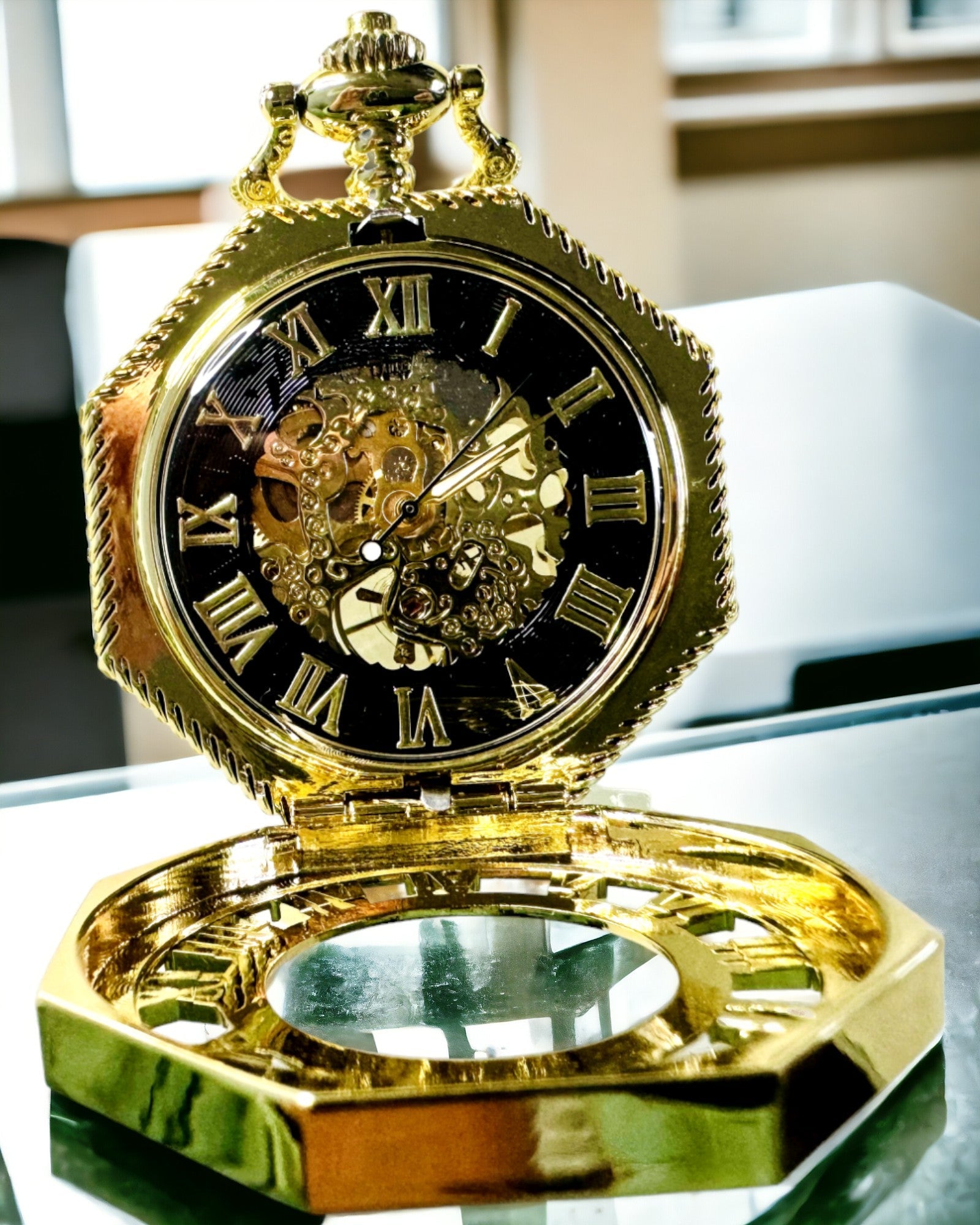 Ceas de Buzunar Exclusivist în Stil Steampunk cu Mecanism Vizibil pe Cadran - Eleganță Clasică