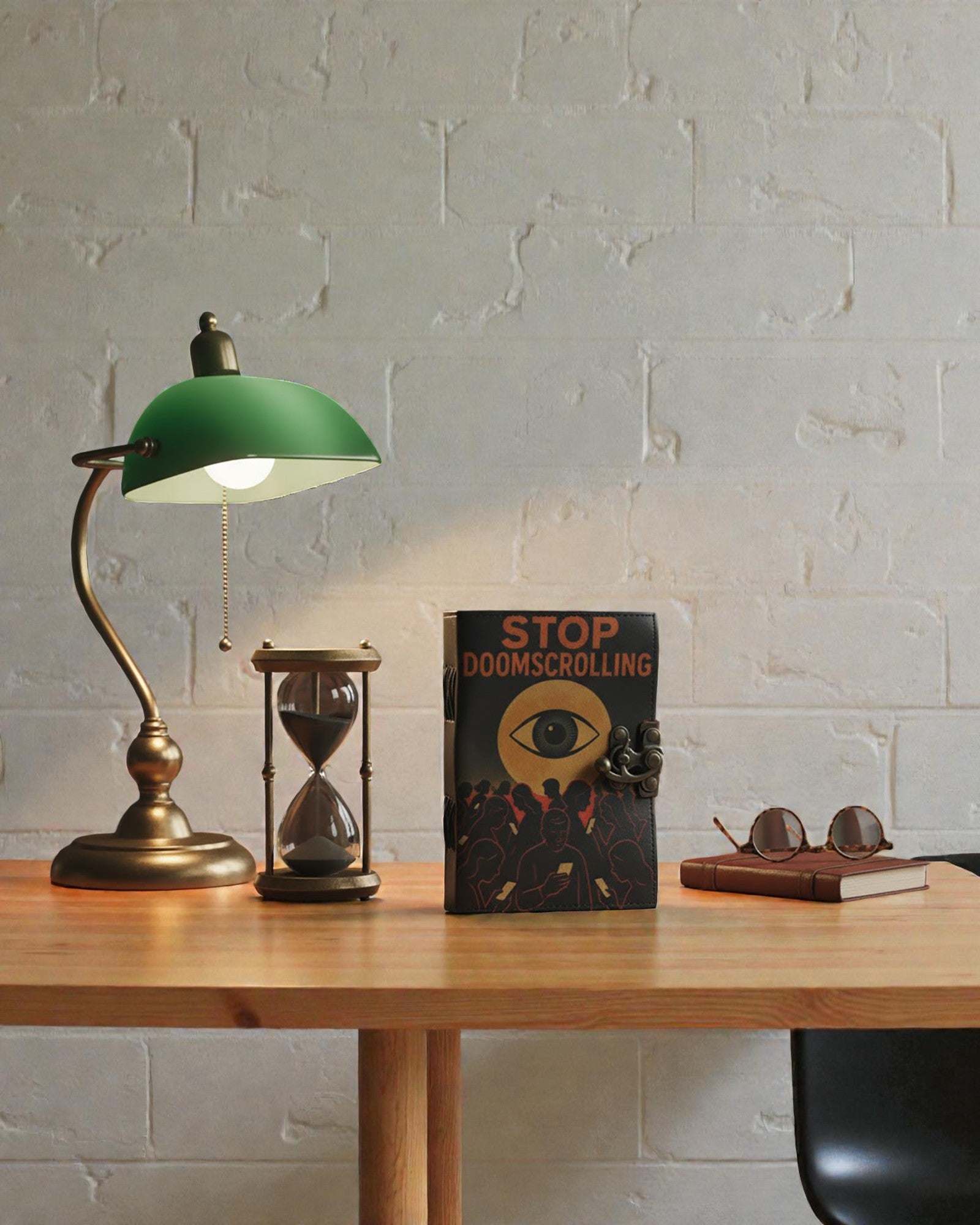 Caiet de notițe din piele cu imprimeu – Oprește derularea nesfârșită a veștilor sumbre (17,8 × 12,7 cm)