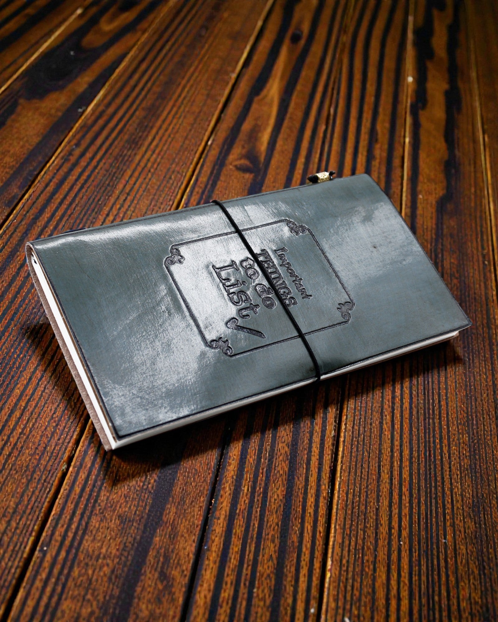 Important Things to Do – szary skórzany notatnik ręcznie wykonany 22 × 12 × 1,5 cm, 80 stron