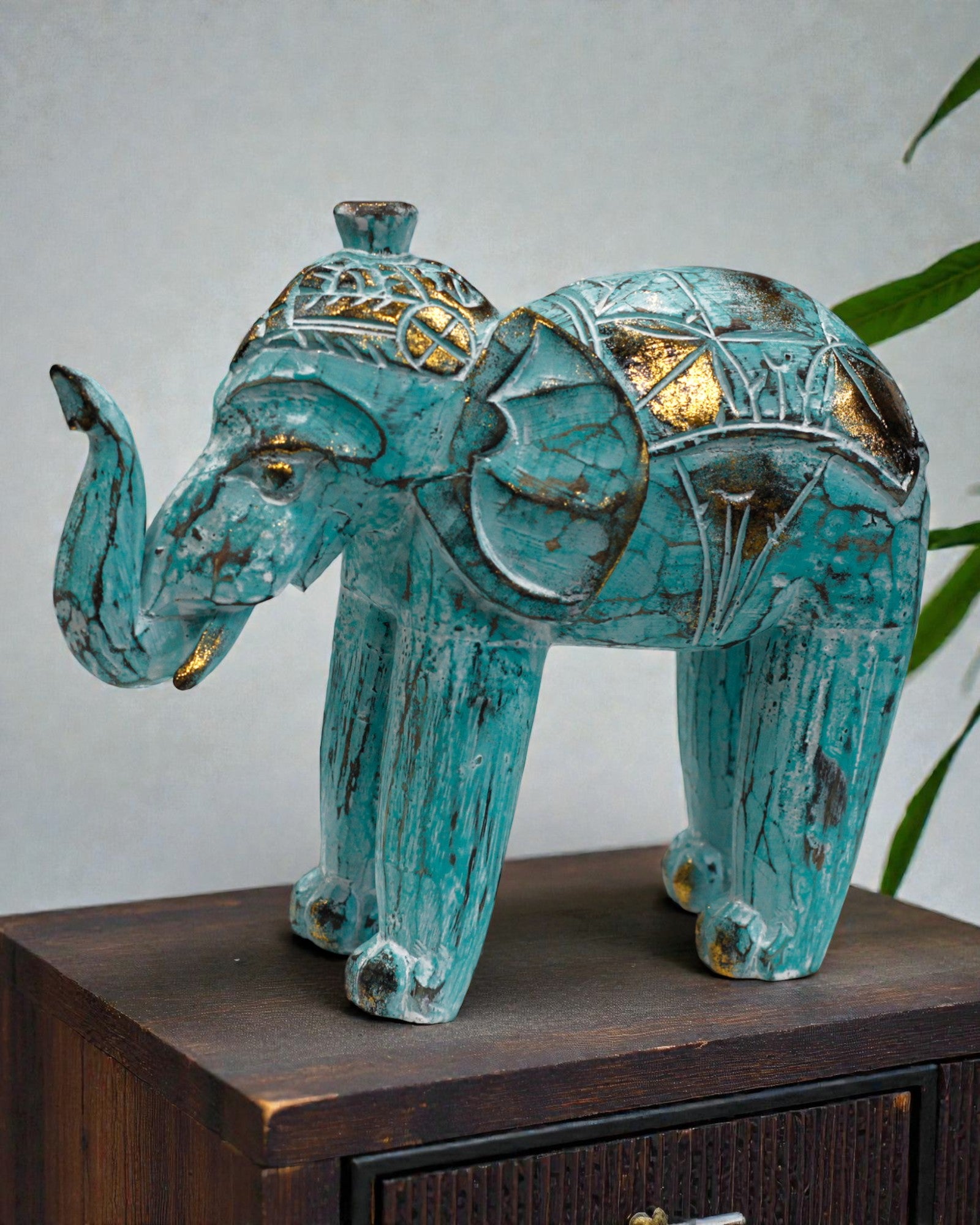 Sculptură de elefant 24 cm – Turcoaz și auriu