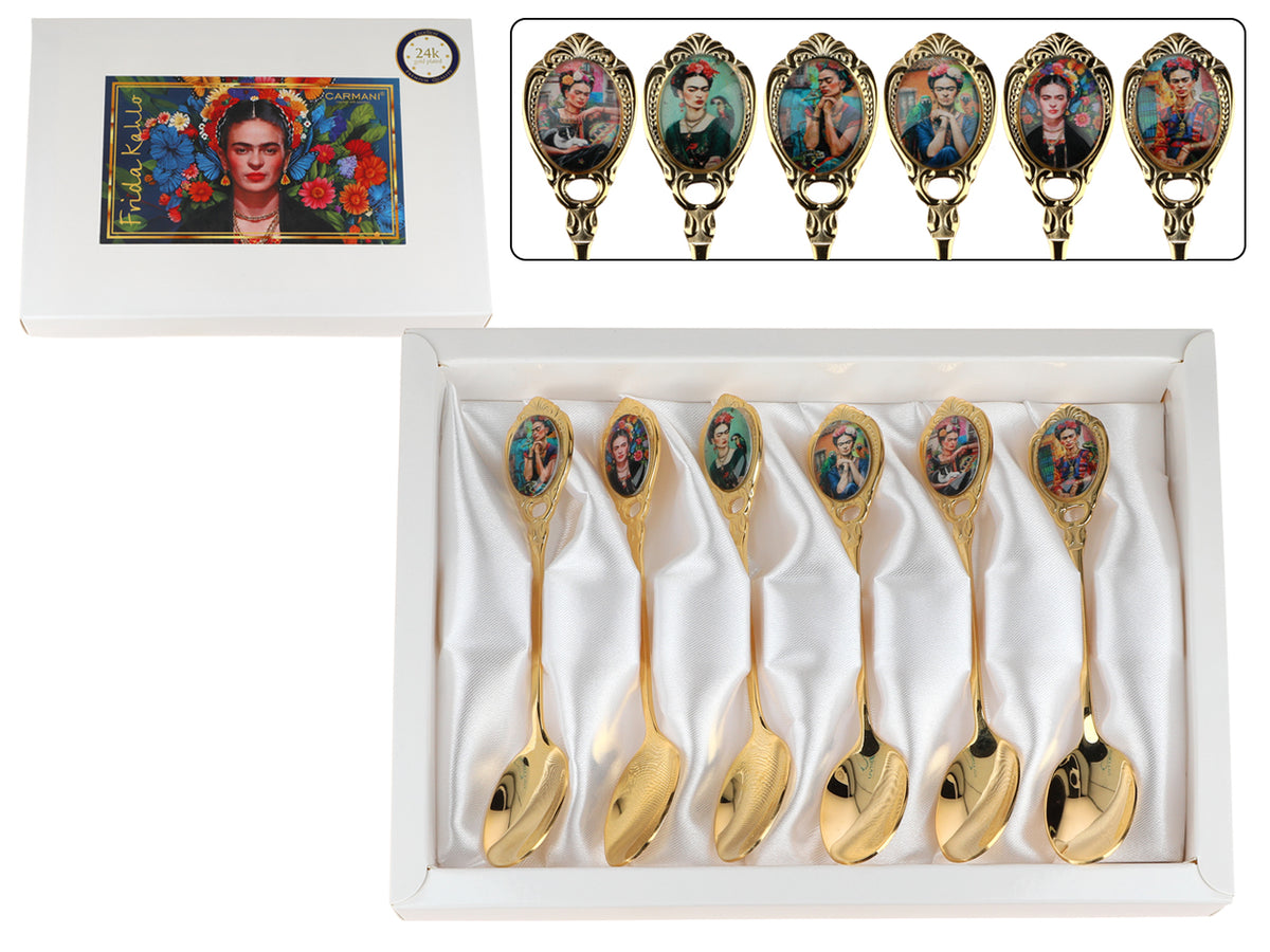 Set de 6 lingurițe placate cu aur 24K F. Kahlo cu posibilitate de personalizare prin gravură - tacâmuri elegante pentru cadou, 13 cm, CARMANI