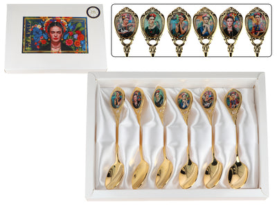 Set de 6 lingurițe placate cu aur 24K F. Kahlo cu posibilitate de personalizare prin gravură - tacâmuri elegante pentru cadou, 13 cm, CARMANI