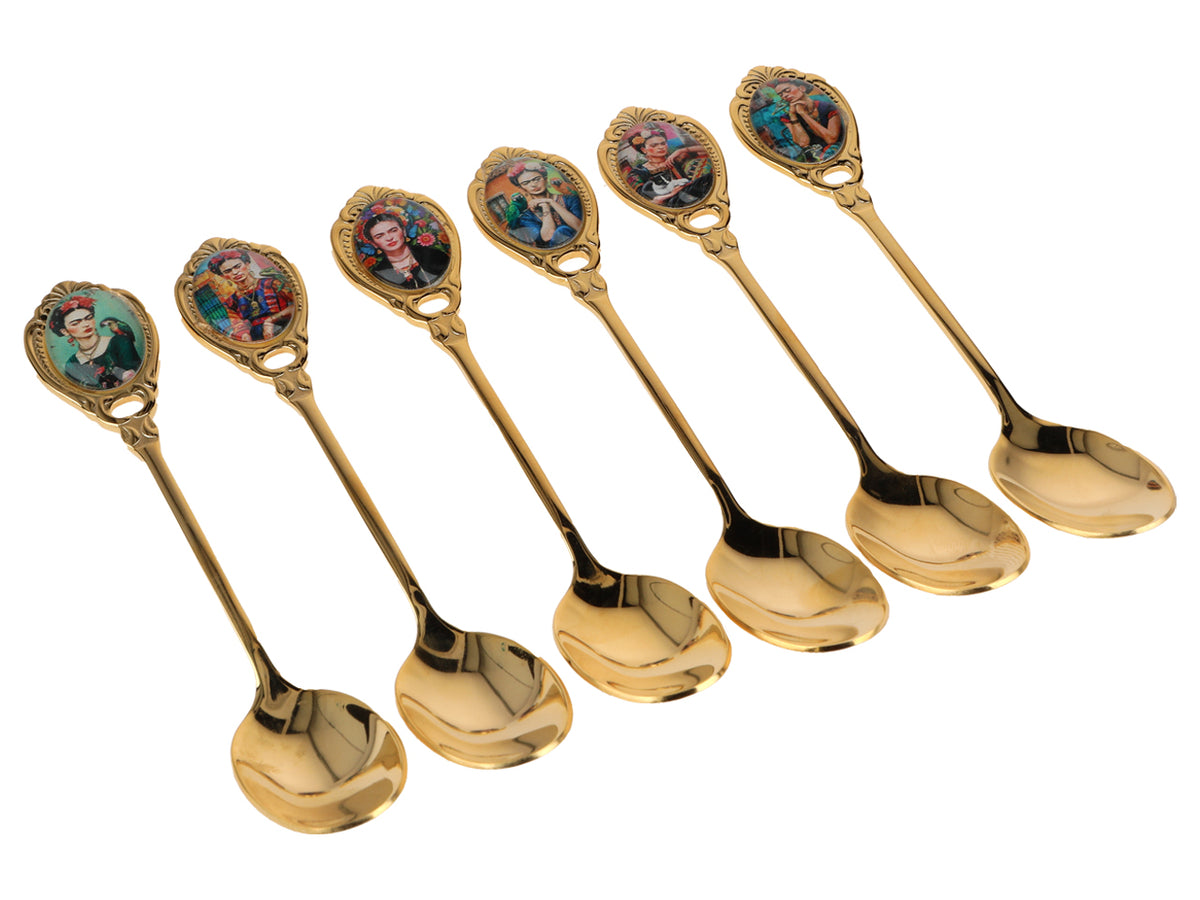 Set de 6 lingurițe placate cu aur 24K F. Kahlo cu posibilitate de personalizare prin gravură - tacâmuri elegante pentru cadou, 13 cm, CARMANI