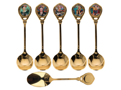 Set de 6 lingurițe placate cu aur 24K F. Kahlo cu posibilitate de personalizare prin gravură - tacâmuri elegante pentru cadou, 13 cm, CARMANI