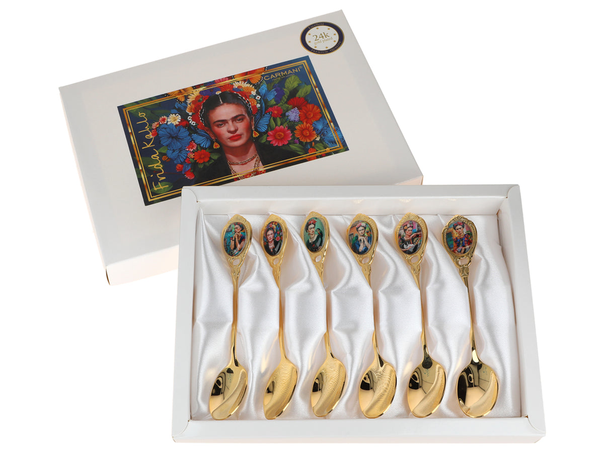Set de 6 lingurițe placate cu aur 24K F. Kahlo cu posibilitate de personalizare prin gravură - tacâmuri elegante pentru cadou, 13 cm, CARMANI
