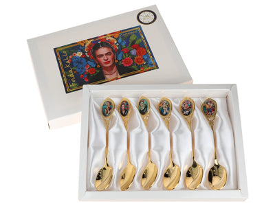 Set de 6 lingurițe placate cu aur 24K F. Kahlo cu posibilitate de personalizare prin gravură - tacâmuri elegante pentru cadou, 13 cm, CARMANI