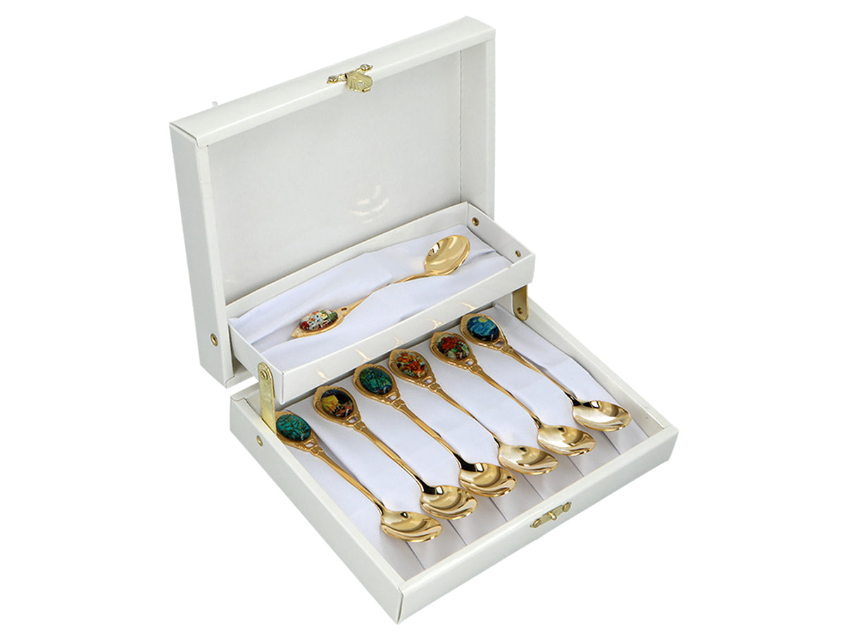 Set de 6 lingurițe placate cu aur 24K cu 1 linguriță pentru zahăr - V. van Gogh, mix, posibilitate de personalizare prin gravură, ambalaj elegant pentru cadou, dimensiuni 13 cm