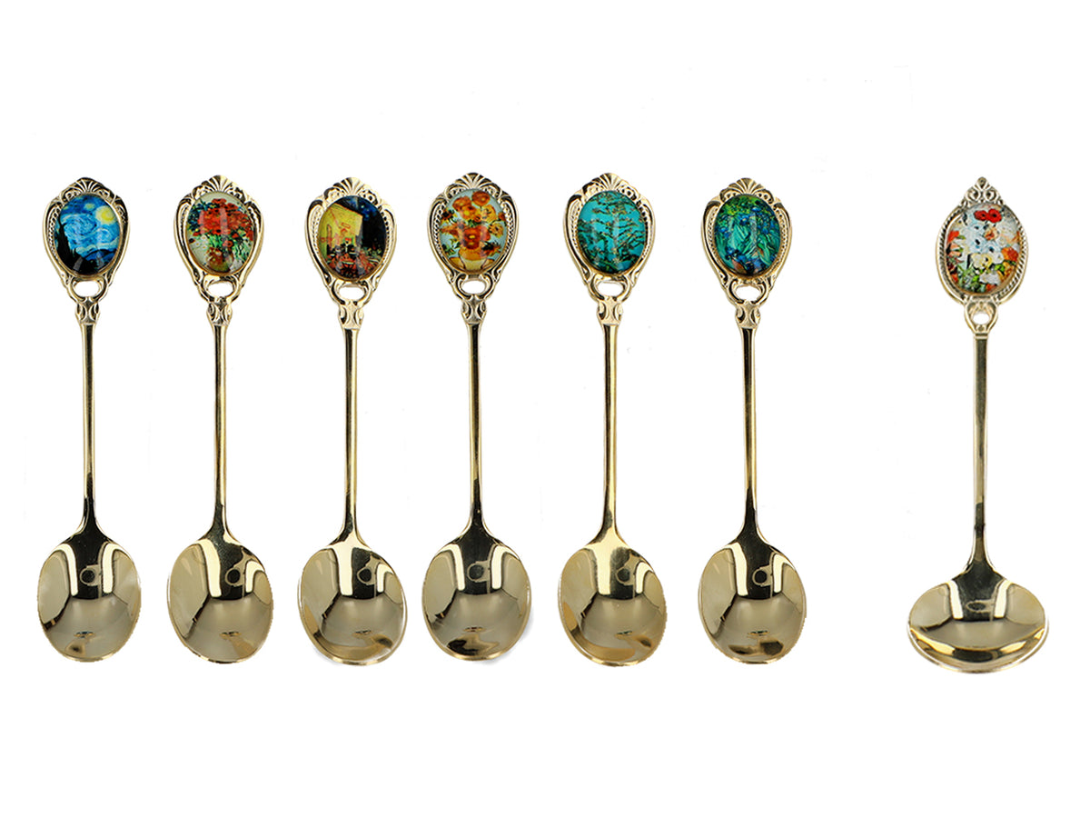Set de 6 lingurițe placate cu aur 24K cu 1 linguriță pentru zahăr - V. van Gogh, mix, posibilitate de personalizare prin gravură, ambalaj elegant pentru cadou, dimensiuni 13 cm