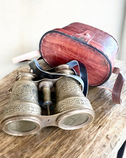 Binoclu cu etui din piele Victorian's Eye, 11 cm din alamă, decorat manual, personalizare cu gravură pentru cadou