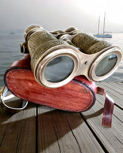 Binoclu cu etui din piele Victorian's Eye, 11 cm din alamă, decorat manual, personalizare cu gravură pentru cadou