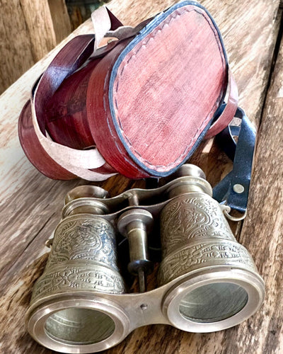 Binoclu cu etui din piele Victorian's Eye, 11 cm din alamă, decorat manual, personalizare cu gravură pentru cadou