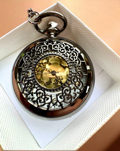 Ceas de buzunar negru „Midnight Elegance”, personalizare pentru cadou cu gravură