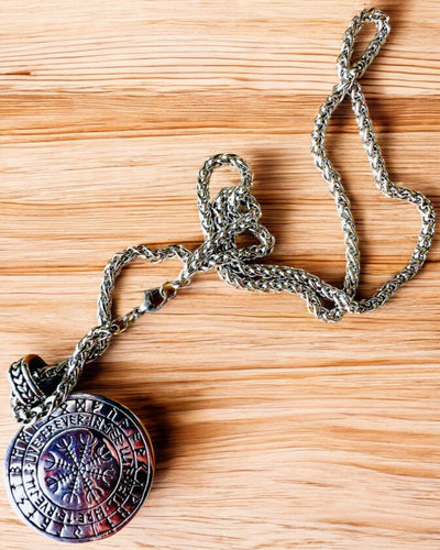 Colier "Arborele Vieții" din oțel inoxidabil cu personalizare, cu simbolul Aegishjalmur, (Coiful Groazei)