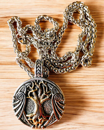 Colier "Arborele Vieții" din oțel inoxidabil cu personalizare, cu simbolul Aegishjalmur, (Coiful Groazei)