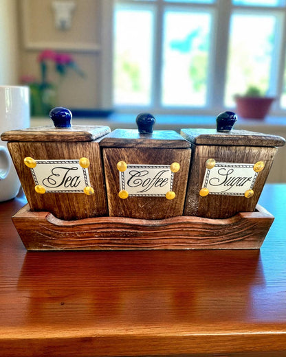 Set Royal Trio – Ceai, Cafea, Zahăr din lemn Shisham, lucrat manual, cu opțiune de gravare pentru cadou