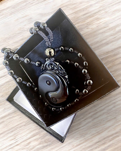 Amulet Obsidian Yin Yang cu Gravură - Armonie și Protecție, personalizare cu gravură pentru cadou