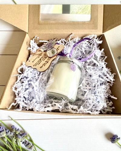 Lumânare din soia pentru intenții Ametist – liniște, armonie și purificare, 250 ml, posibilitate de personalizare pentru cadou