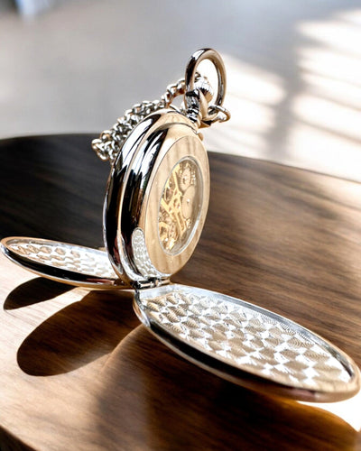 Ceas de buzunar mecanic clasic cu capac dublu, manual, culoare argintie