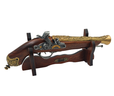 Replică de pistol cu capsă din secolul al XVIII-lea pe suport, cu posibilitate de personalizare prin gravură - Element decorativ elegant și cadou ideal pentru pasionații de istorie - Realizat din metal și lemn, lungime 38 cm