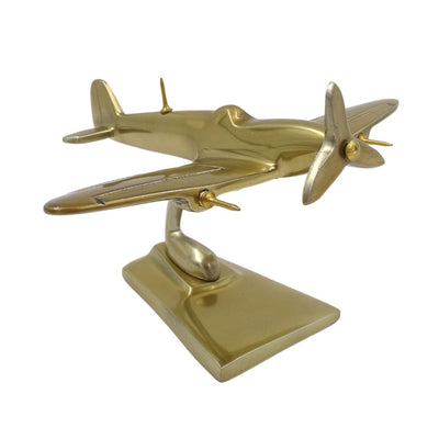 Model de avion Spitfire auriu, avion de vânătoare WWII, personalizabil prin gravură – cadou elegant pentru iubitorii de aviație, realizat din aluminiu, dimensiuni 15 × 13 × 8 cm