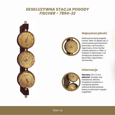 Ekskluzywna Stacja Pogody Fischer 7894-22 z Mosiądzu i Mahoniu z Personalizowanym Grawerem - Barometr, Termometr i Higrometr na Prezent w Stylu Klasycznym, Wymiary 29x7,3 cm