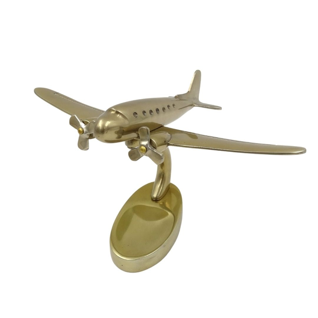 Model mare de avion bimotor din metal, cu posibilitate de personalizare prin gravură, auriu, 19,5 x 16,5 x 29 cm