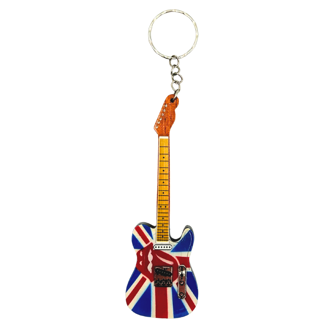 Breloc chitară din lemn The Rolling Stones cu gravură - cadou personalizat din mahon, roșu, 6x11 cm
