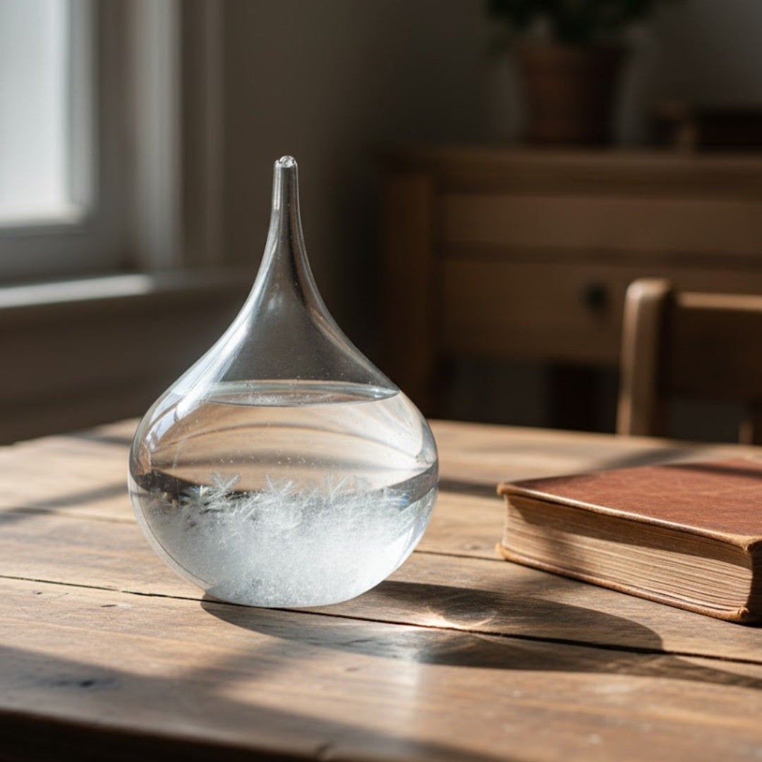 Barometru de furtună Fitzroy - Picătură Storm Glass cu posibilitate de personalizare prin gravură - cadou elegant în formă de picătură, înălțime 11 cm, recipient din sticlă cu cristale unice care reacționează la schimbările vremii