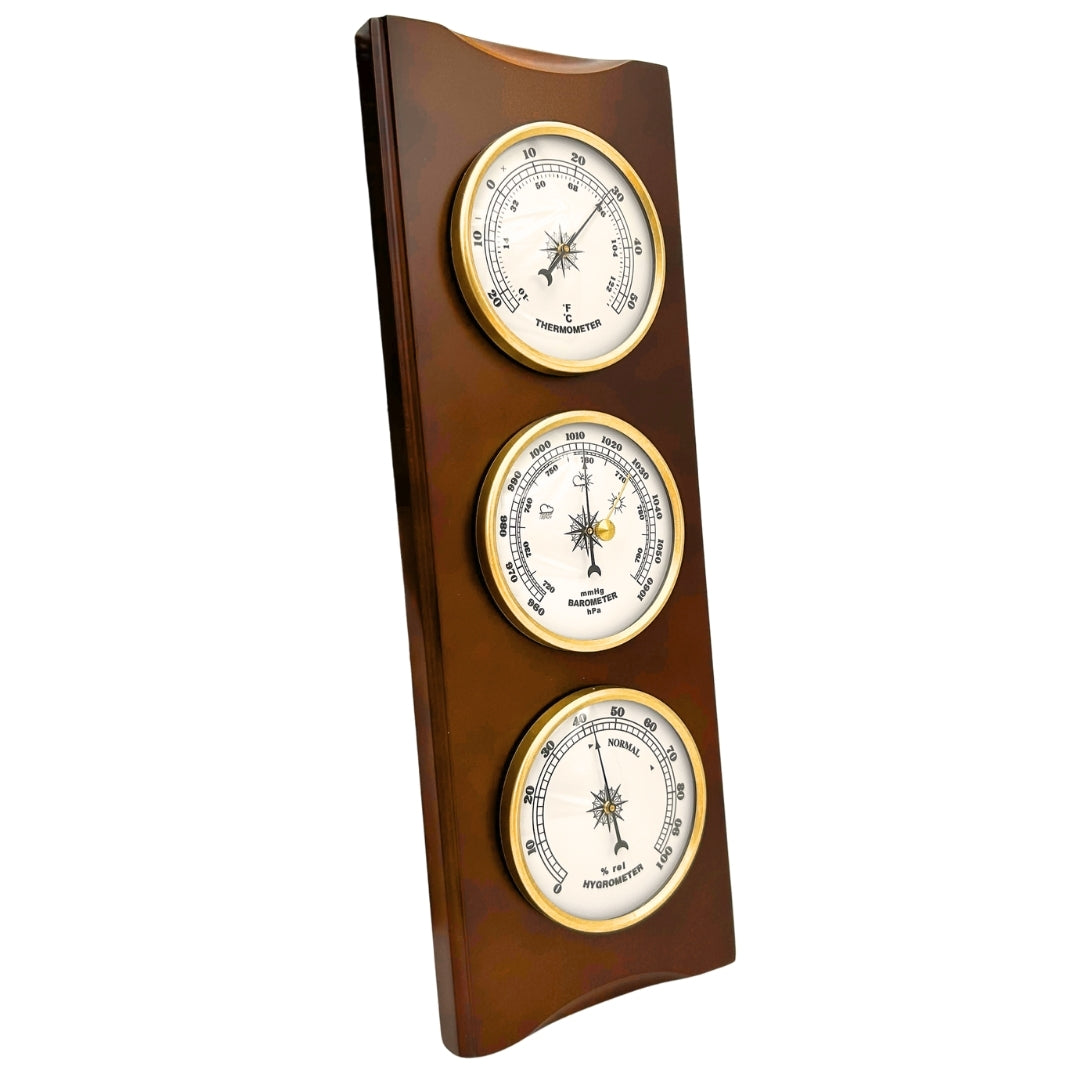 Stație meteo retro elegantă 36cm cu gravură – barometru, termometru, higrometru în carcasă din lemn