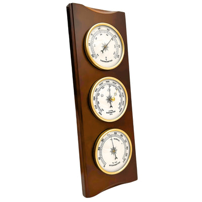 Stație meteo retro elegantă 36cm cu gravură – barometru, termometru, higrometru în carcasă din lemn