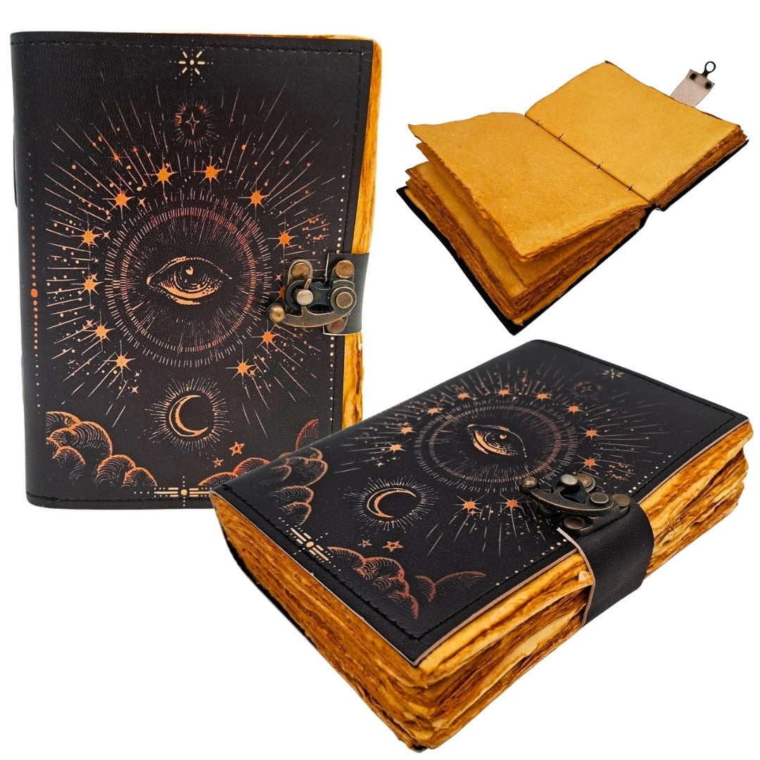 Jurnal Ochiul Cosmic cu gravură - jurnal retro din piele, cu 200 de pagini de hârtie galbenă și piele de capră