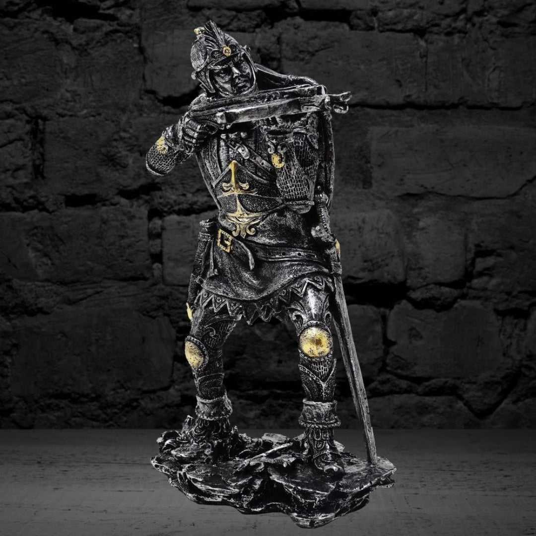 Figurină cavaler medieval cu arbaletă 20cm, cu posibilitate de personalizare prin gravură - decorațiune argintiu-aurie, cadou pentru iubitorii de istorie și fantasy - pictată manual din polirășină
